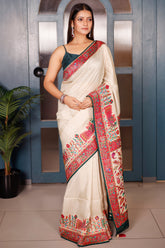 Cream Dola Silk Saree with Pashmina Print Border and Pallu